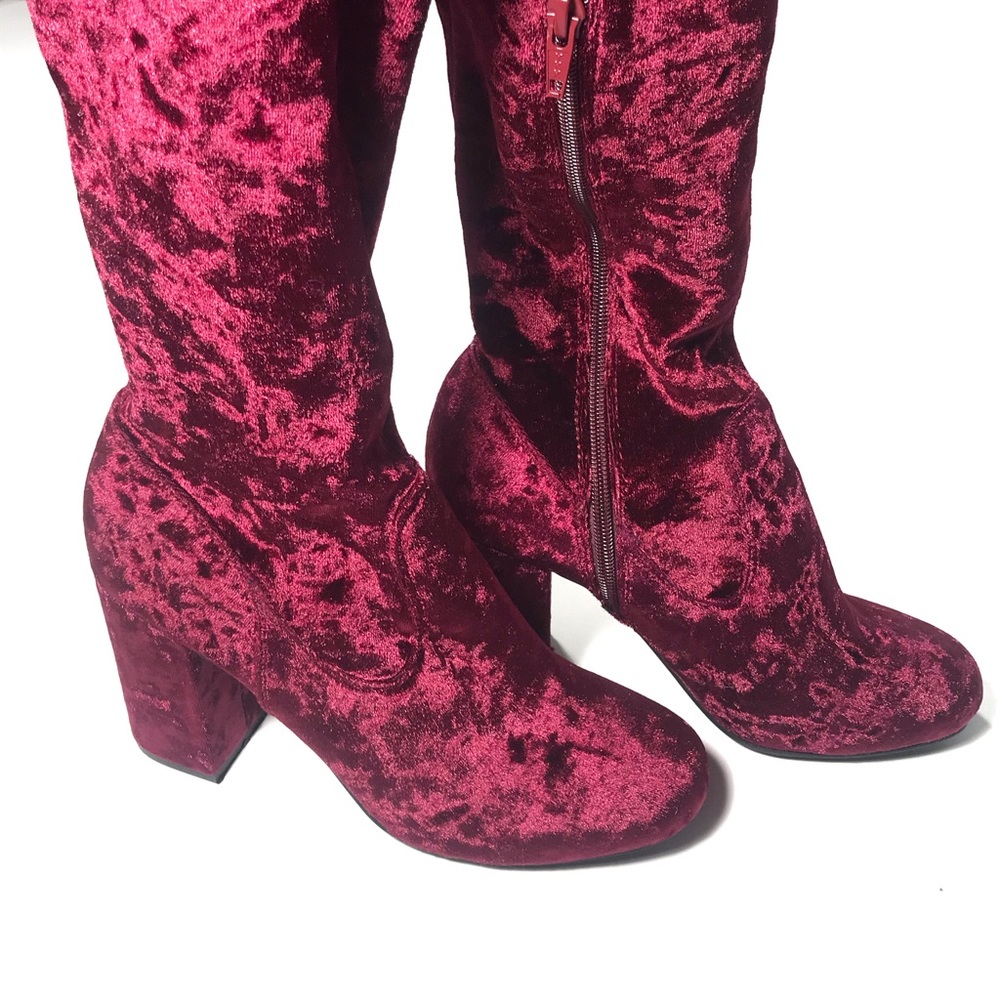 Hot red velvet over knee thigh high heeled boots - Picture 2 of 8